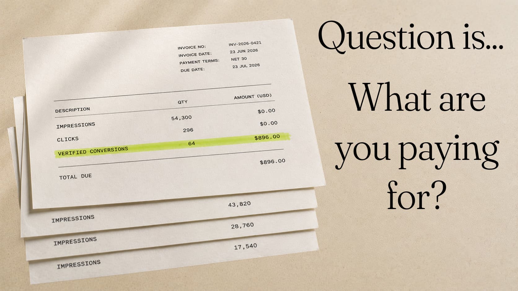 A stack of ad invoices, each billing only for impressions, with the top one's verified-conversions line highlighted at $896. Set beside the words: Question is, what are you paying for?