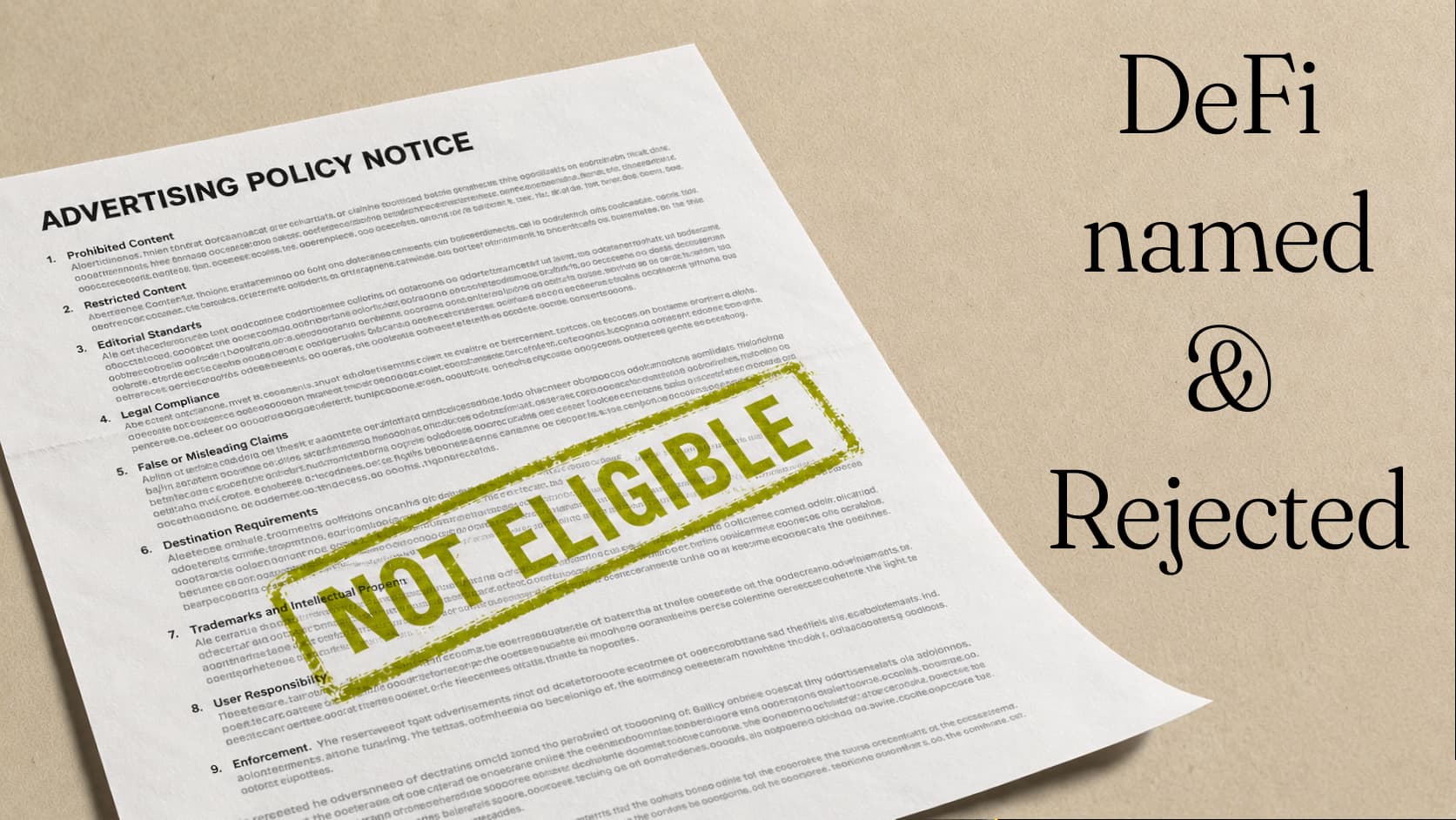 A sheet headed ADVERTISING POLICY NOTICE, its numbered clauses overstamped NOT ELIGIBLE in green. Set beside the words: DeFi named & Rejected.